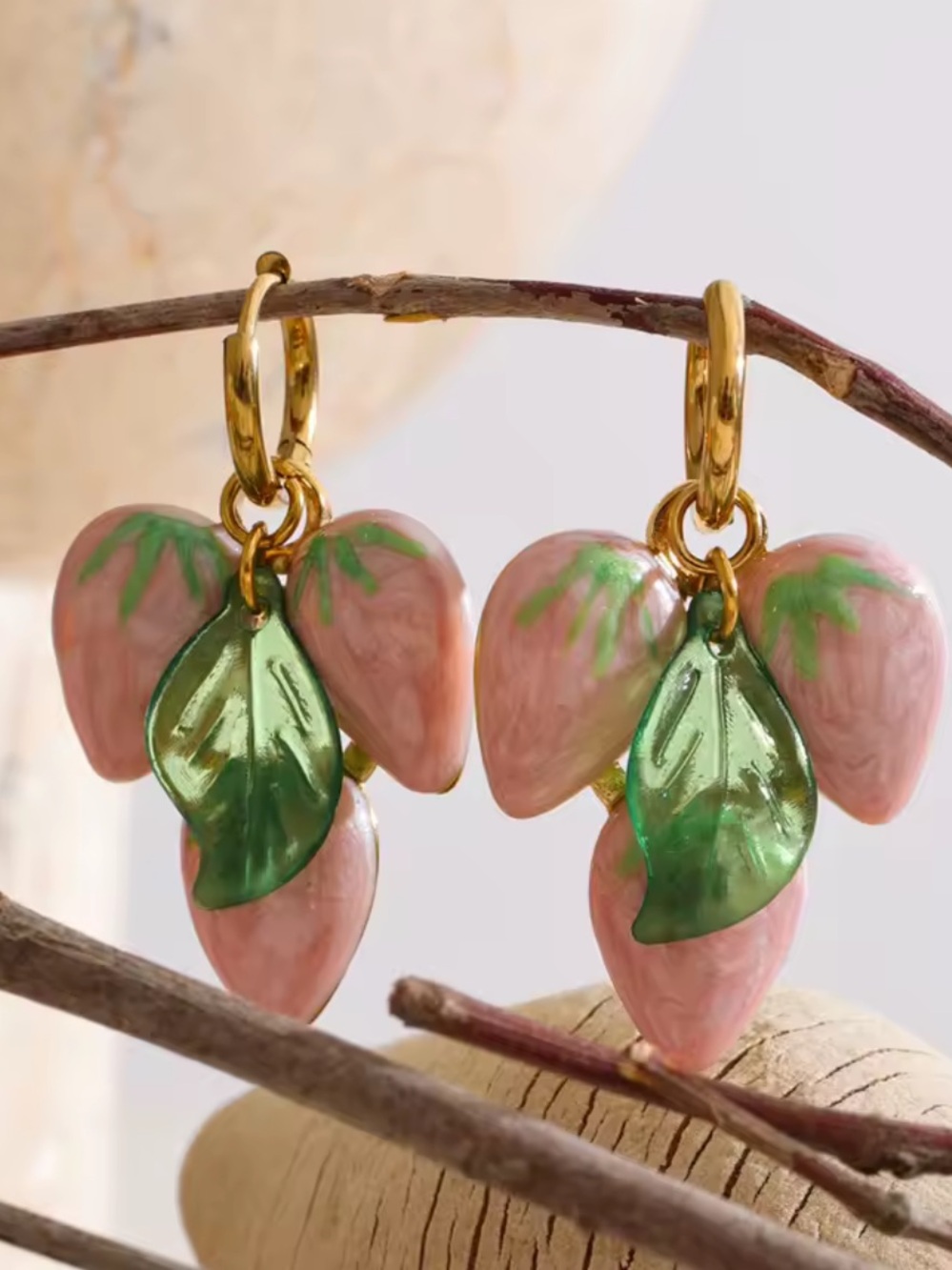 Cute Pink Strawberry Gold Hoop Earrings